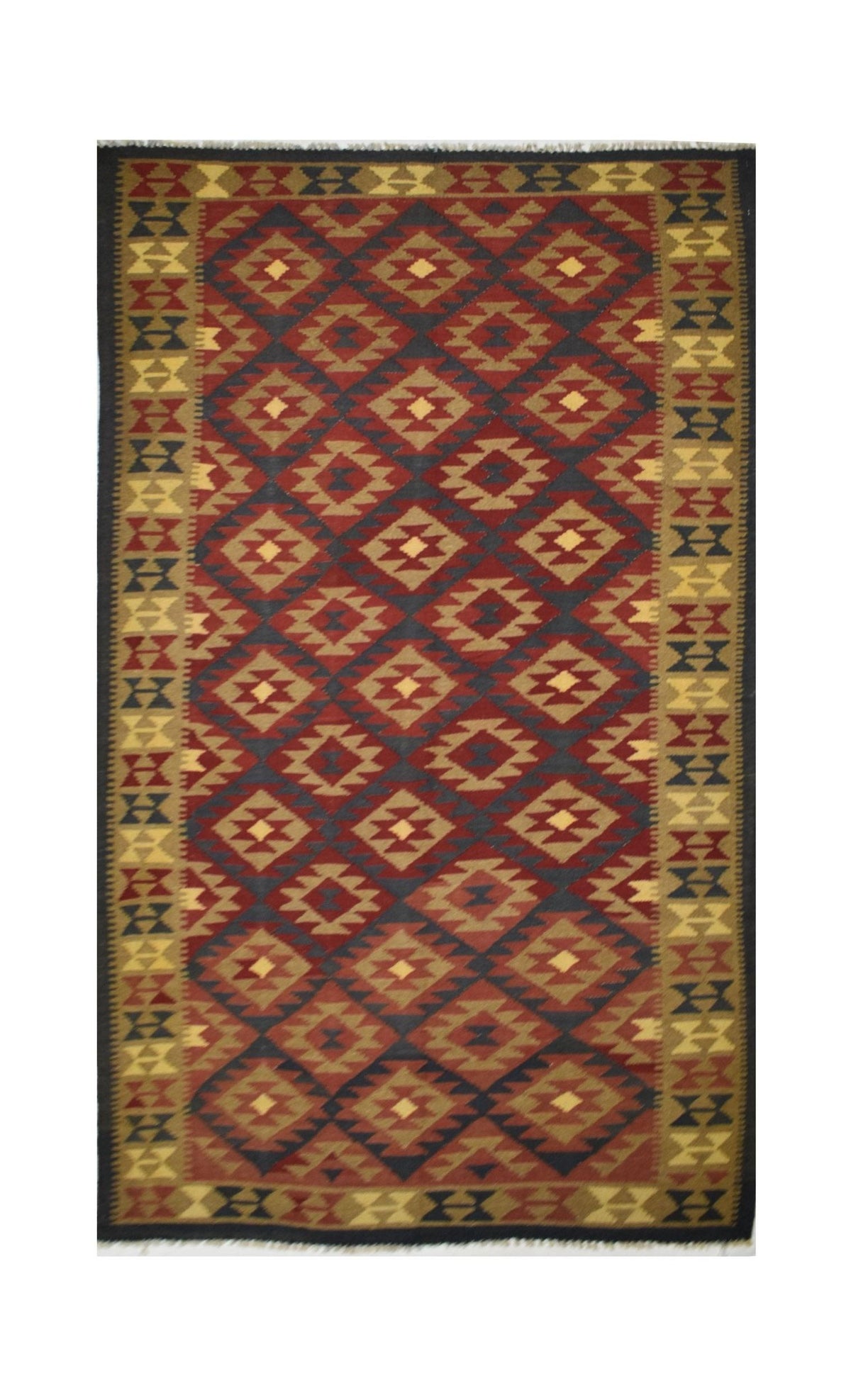 Handmade Afghan Maimana kilim rug featuring a geometric diamond pattern in red, tan, and blue.