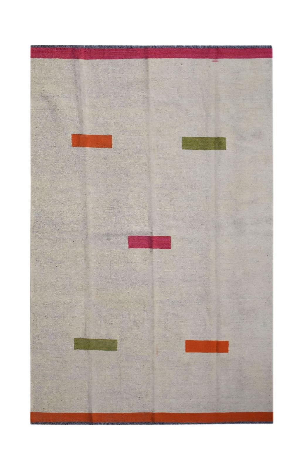 Handwoven Afghan Maimana kilim with a cream base, colorful geometric accents, and striped borders.