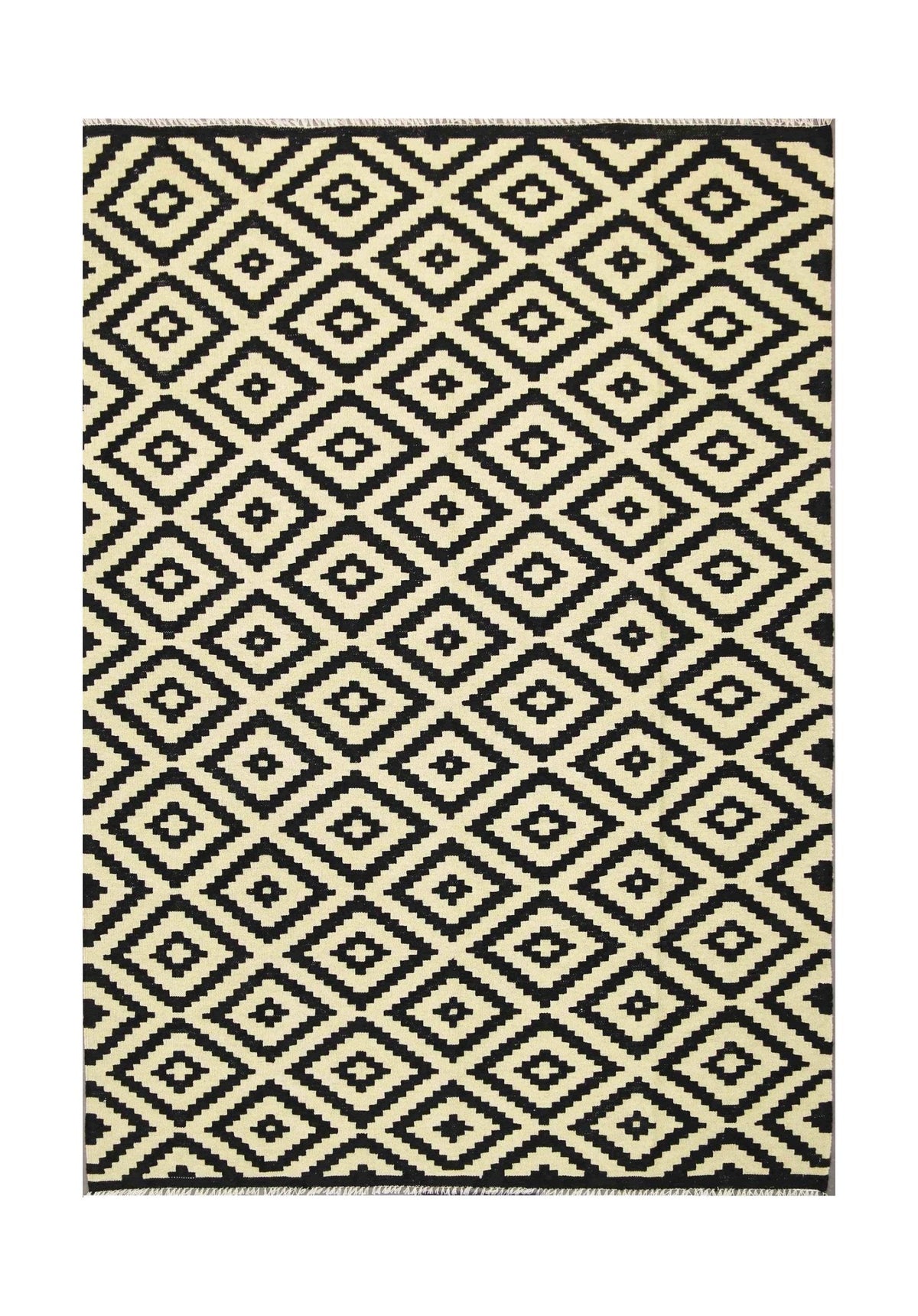 Handmade Afghan Maimana kilim rug featuring a black and cream geometric diamond pattern.
