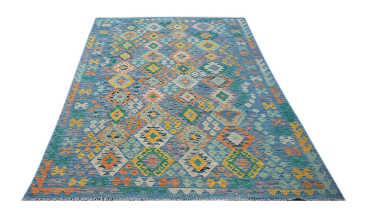 Handmade Afghan Maimana kilim rug featuring a blue background with colorful geometric patterns.