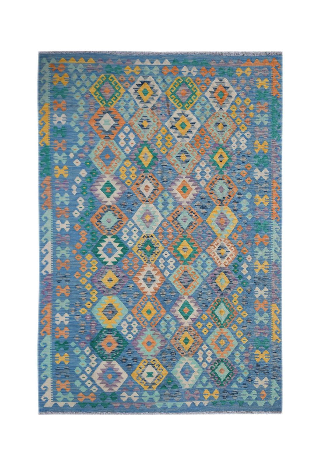 Handwoven Afghan Maimana kilim rug featuring a blue background with colorful geometric patterns.
