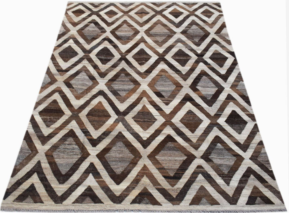 Handwoven Afghan Maimana kilim rug featuring a geometric diamond pattern in shades of brown and grey.