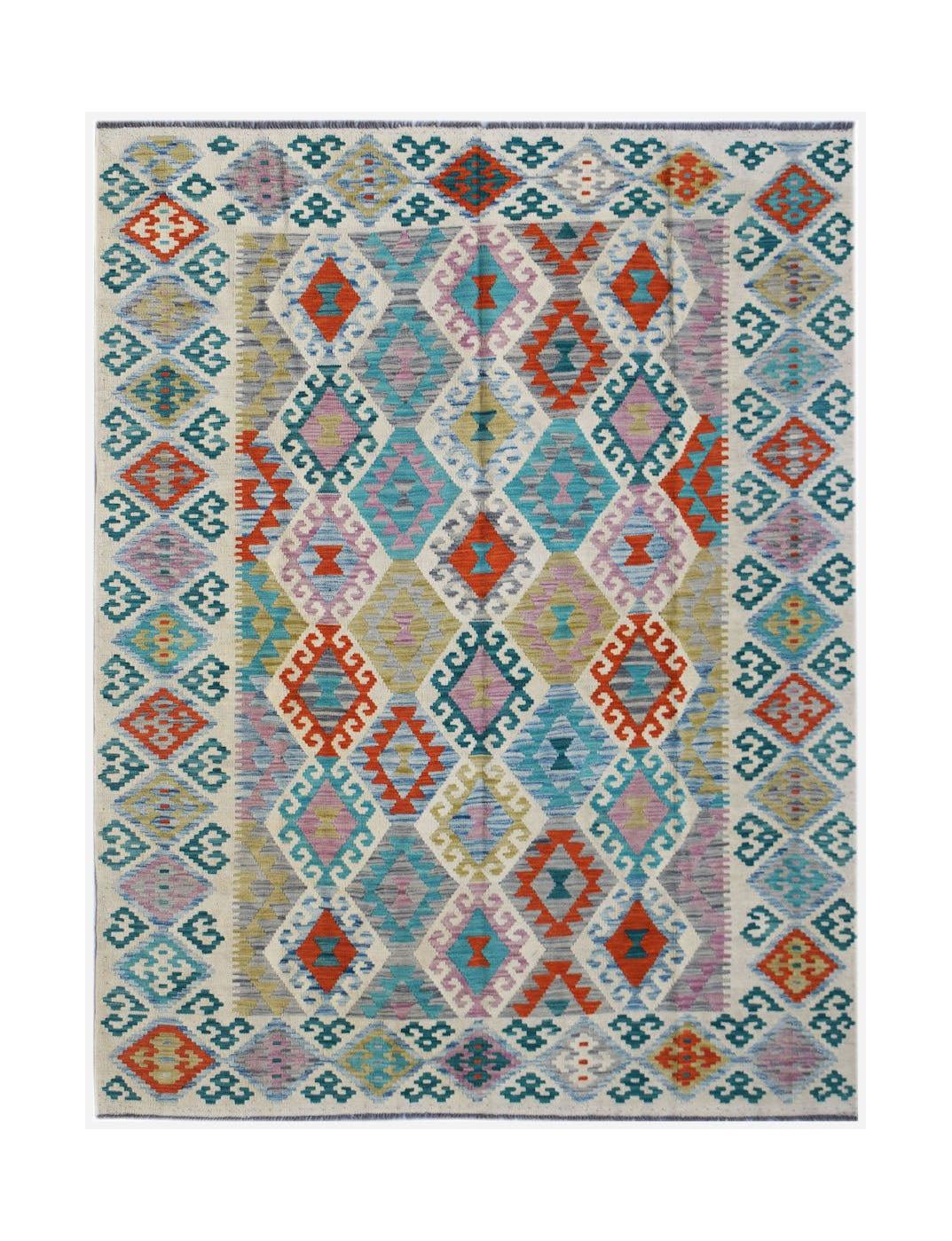 Afghan Maimana Kilim with geometric diamond patterns in various colors.