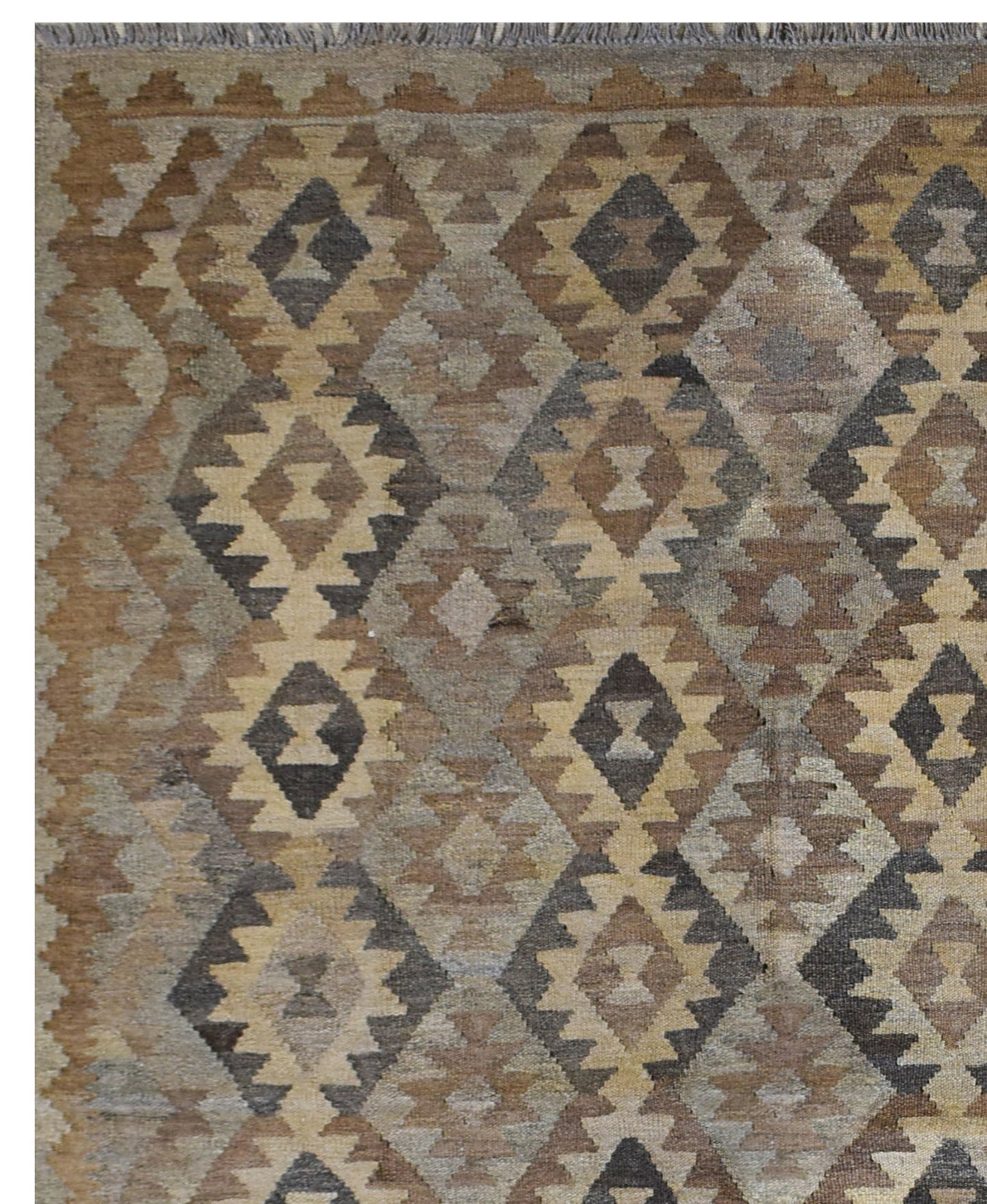 Handmade Afghan Maimana kilim rug featuring a geometric diamond pattern in earthy brown tones.