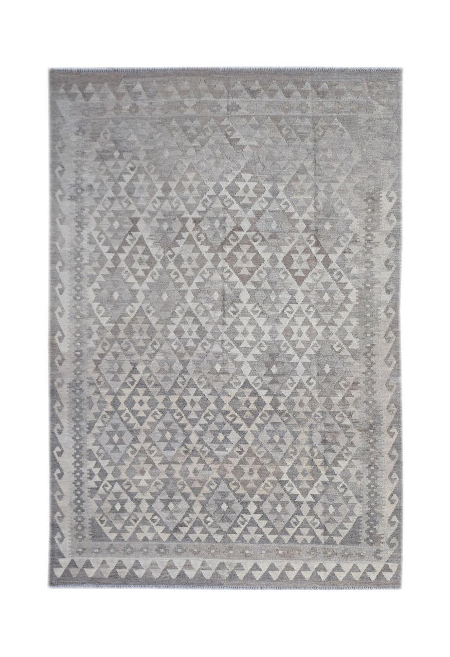 Handwoven Afghan Maimana kilim rug featuring a grey and white geometric diamond pattern.