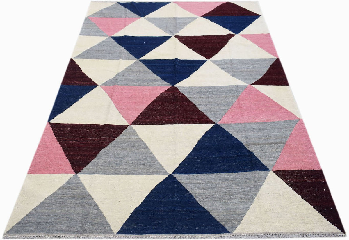 Afghan Maimana Kilim with a geometric triangle pattern in pink, blue, burgundy, grey, and cream.