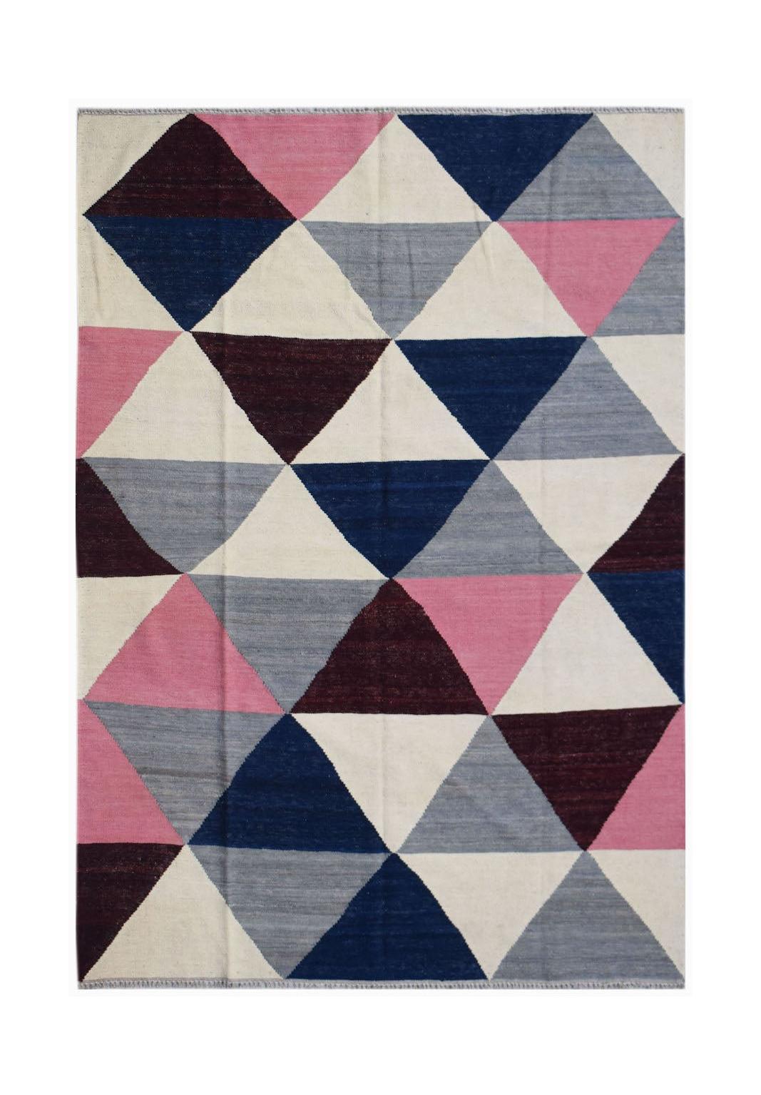 Handwoven Afghan Maimana kilim rug featuring a geometric pattern of multicolored triangles.