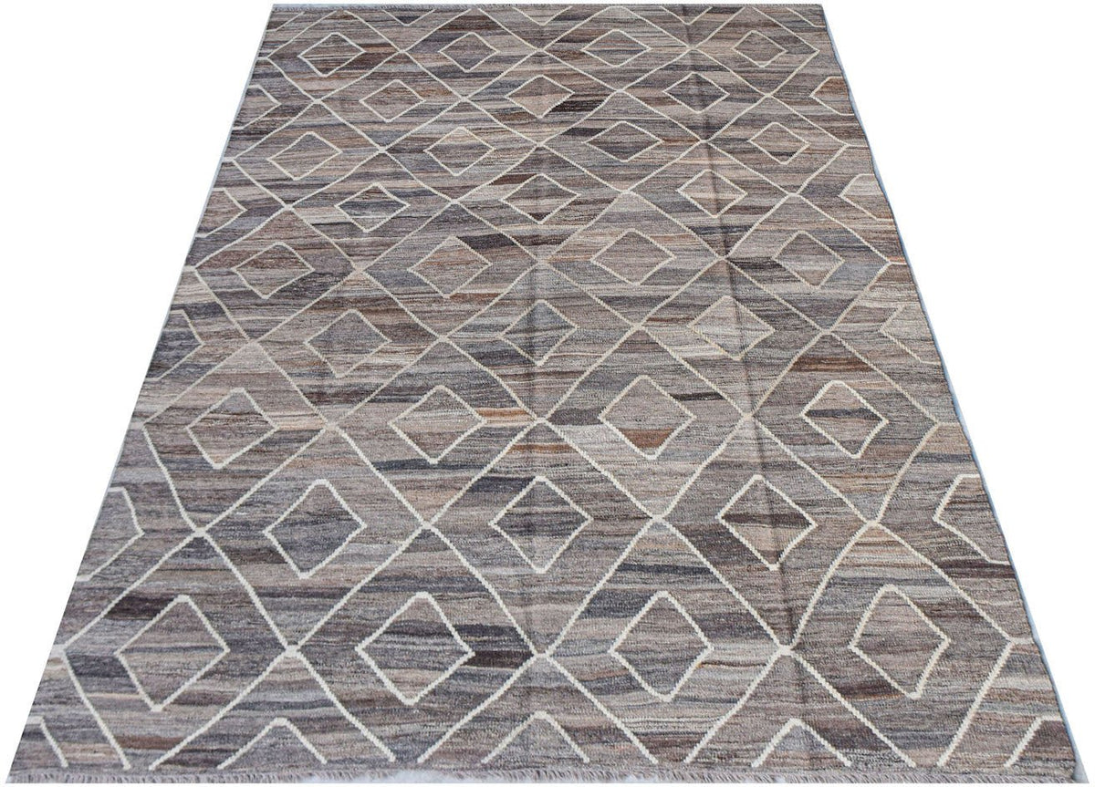 Afghan Maimana Kilim with a diamond pattern in shades of brown and grey.