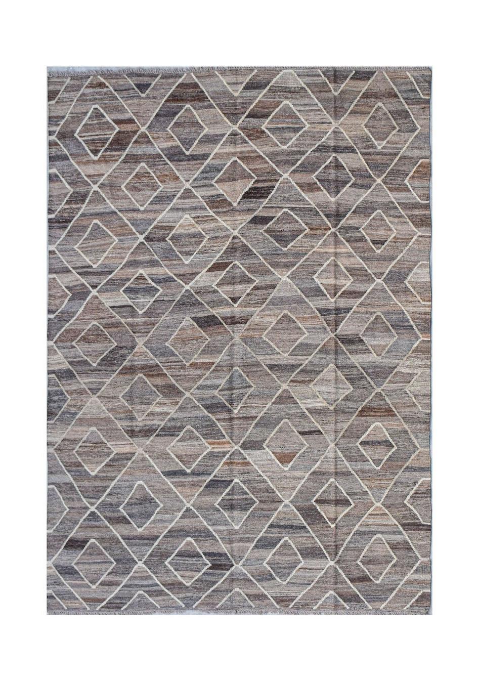 Afghan Maimana Kilim with a diamond pattern in shades of grey and brown.