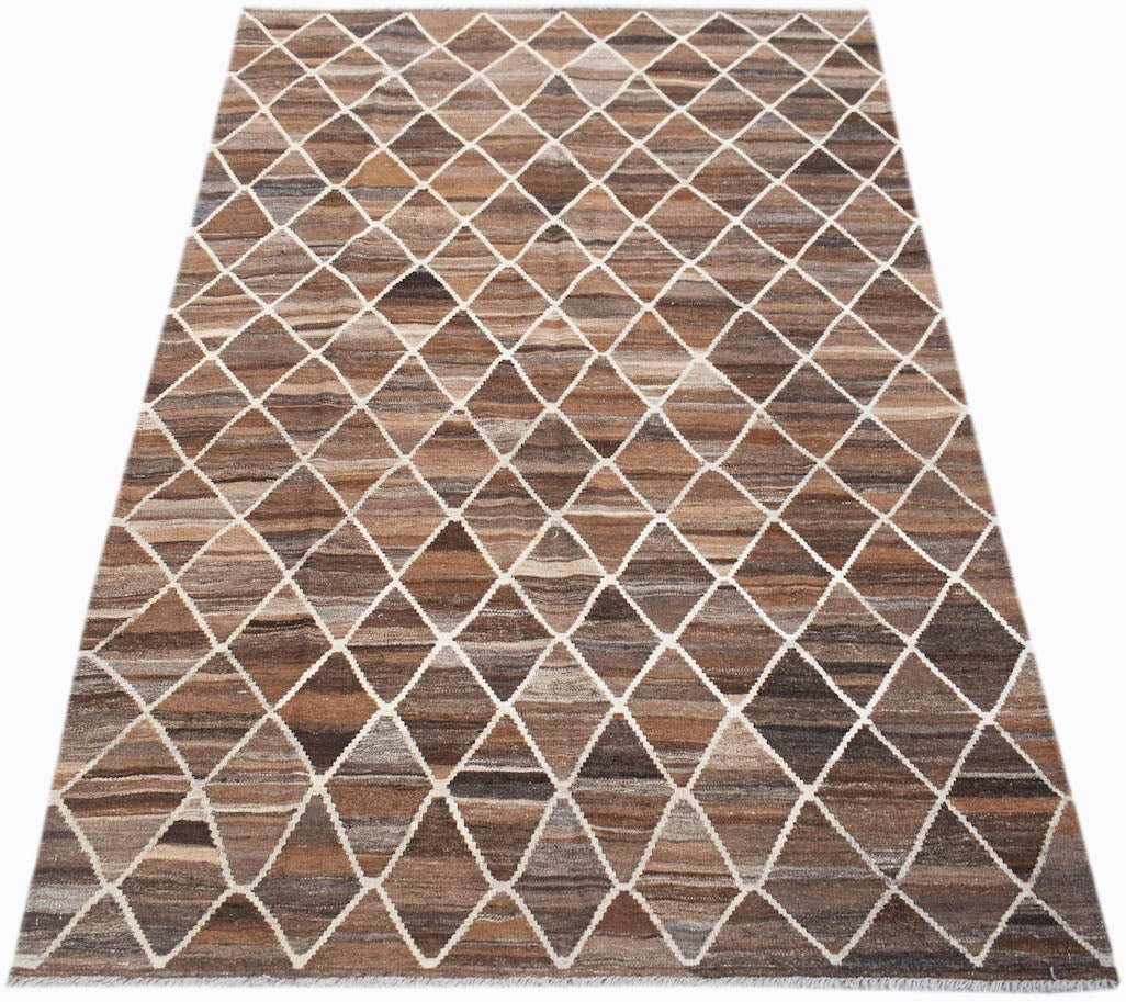 Handwoven Afghan Maimana kilim rug featuring a brown and white geometric diamond pattern.