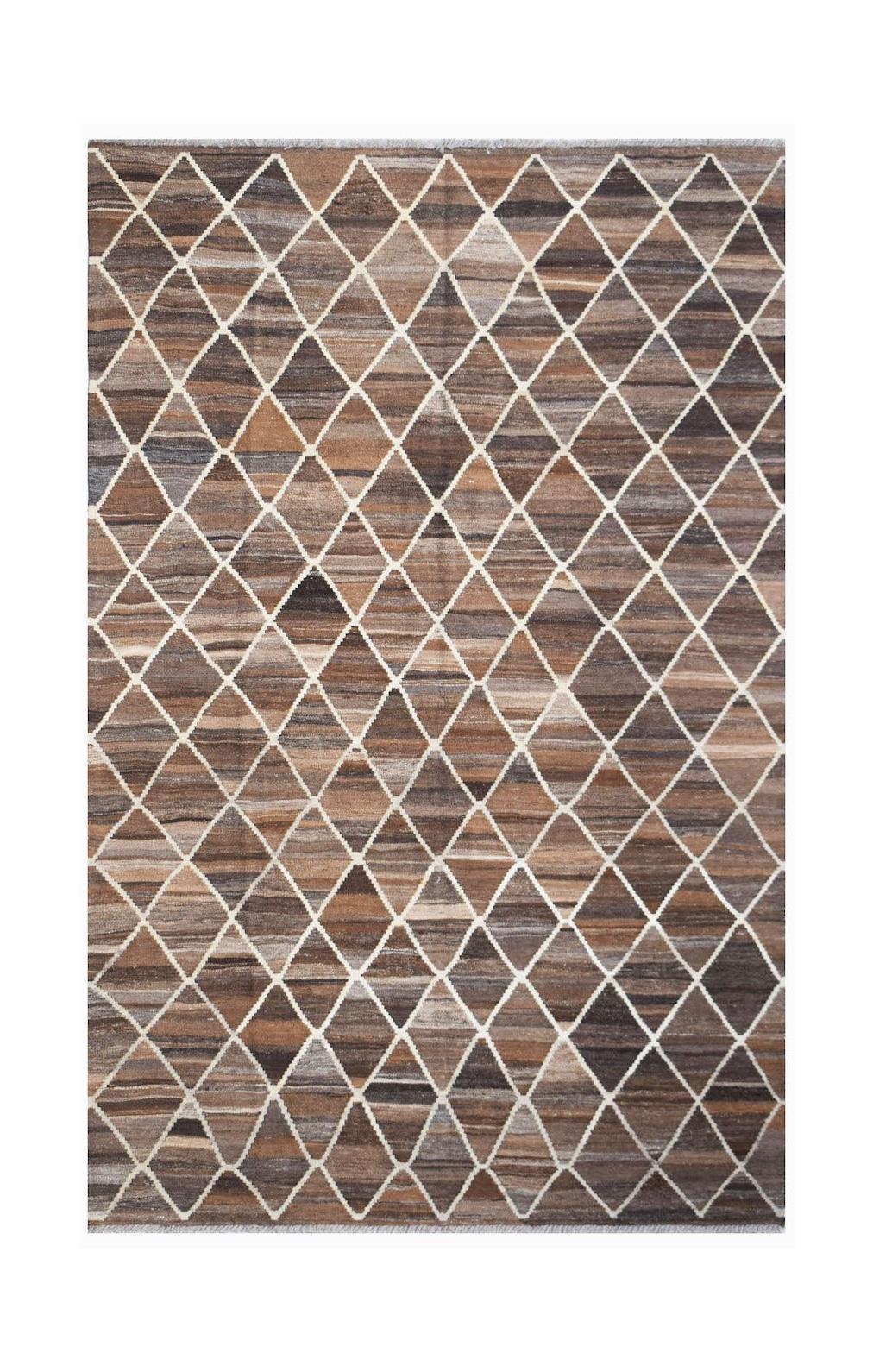 Handwoven Afghan Maimana kilim rug featuring a brown and tan diamond pattern.