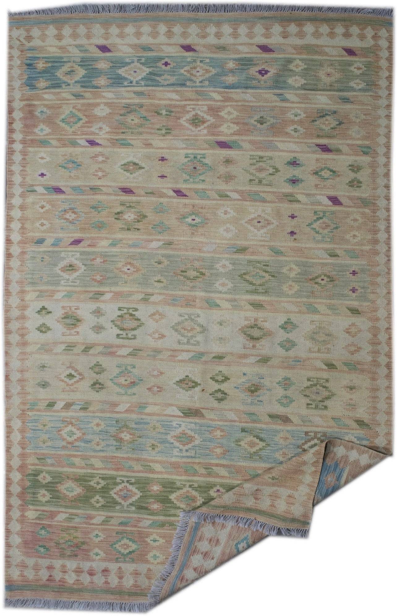 Handmade Afghan Maimana kilim rug featuring a geometric pattern in soft, muted earth tones.