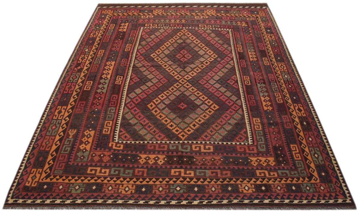 Handwoven Afghan Maimana kilim rug featuring a geometric diamond pattern in rich earthy tones.