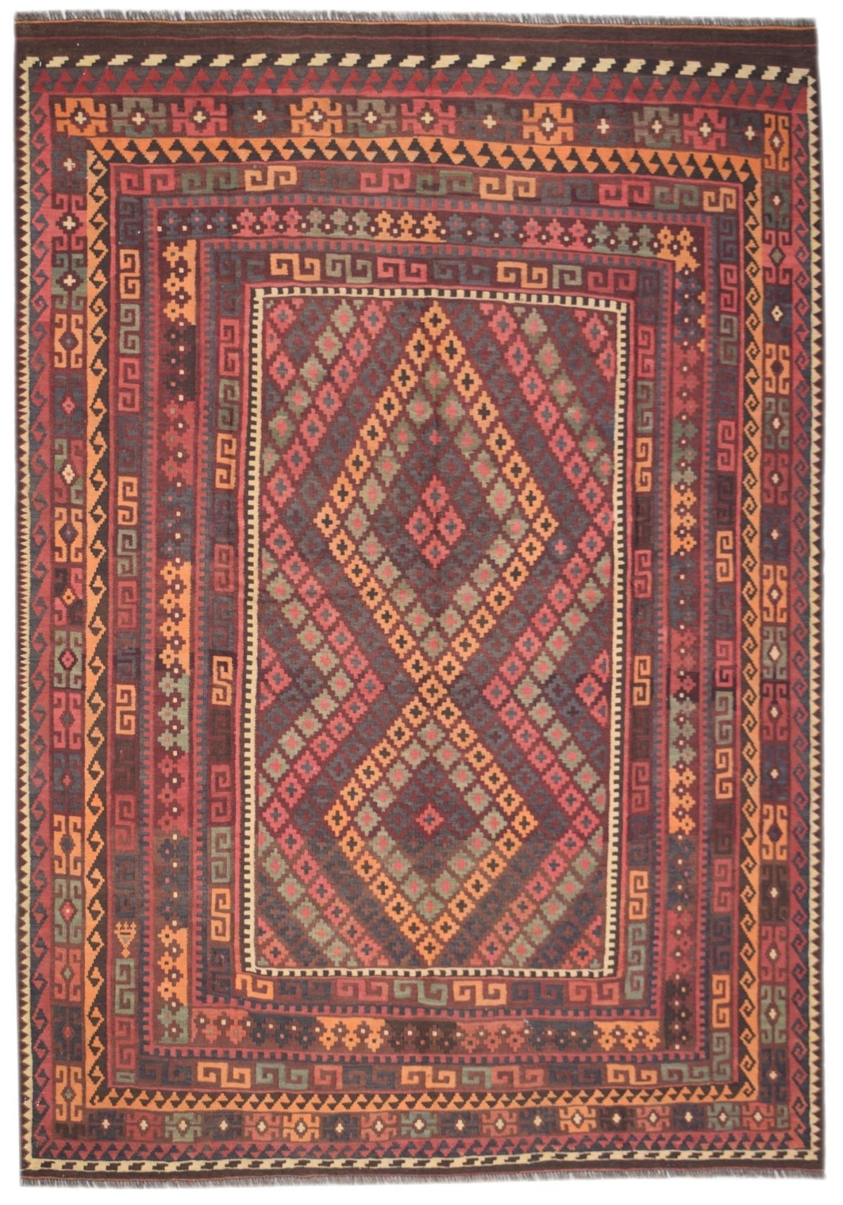 Handwoven Afghan Maimana kilim rug featuring a geometric diamond pattern in rich, earthy tones.