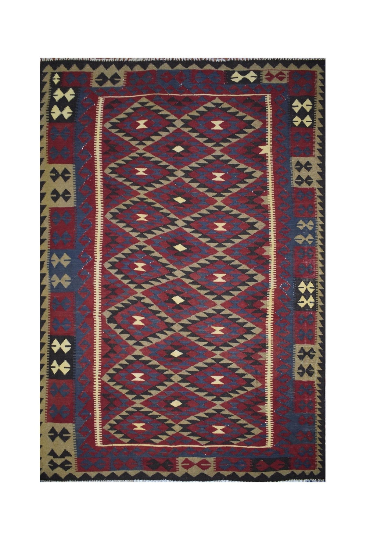 Handmade Afghan Maimana kilim rug featuring a geometric diamond pattern in red, blue, and tan.