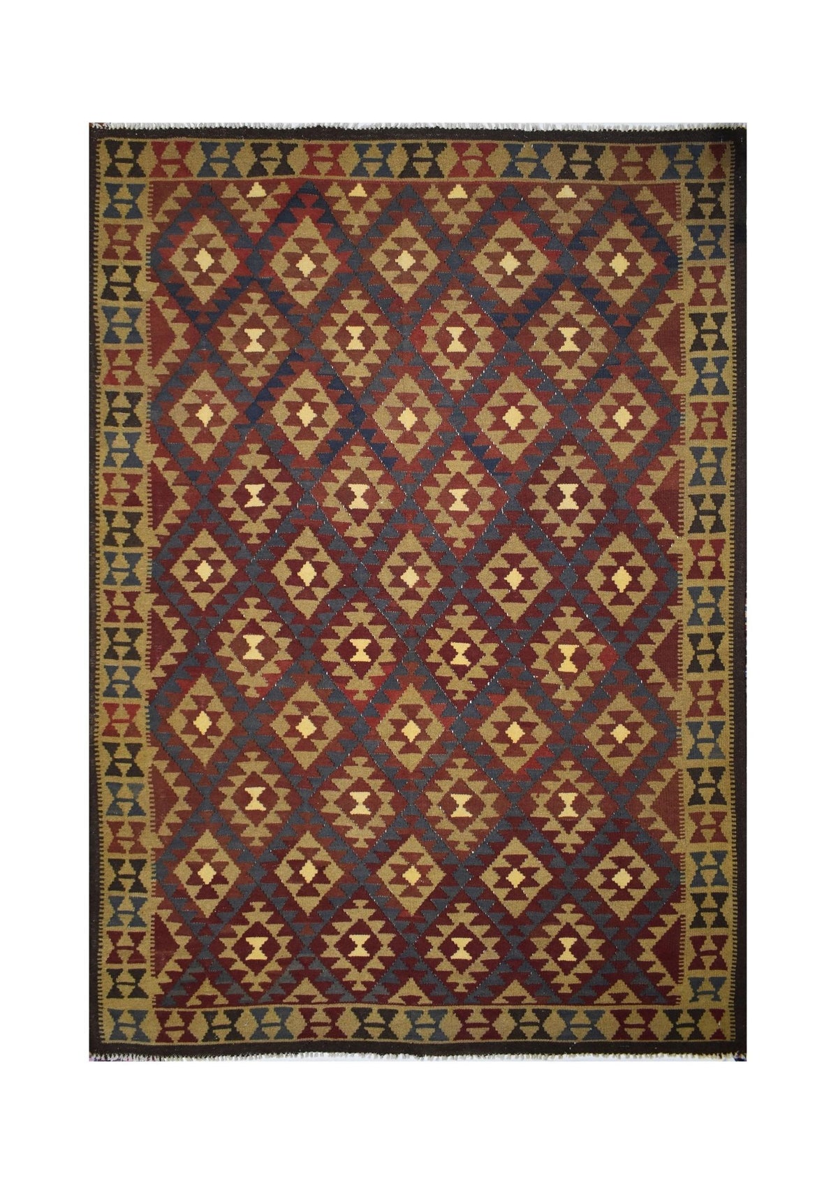 Handmade Afghan Maimana kilim rug featuring a geometric diamond pattern in earthy tones.