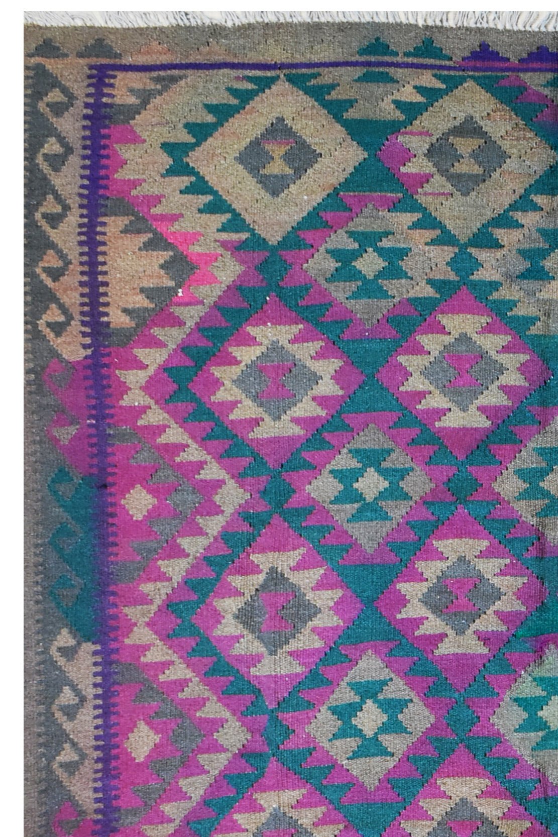 Handmade Afghan Maimana kilim rug featuring a geometric diamond pattern in teal, pink, and grey.