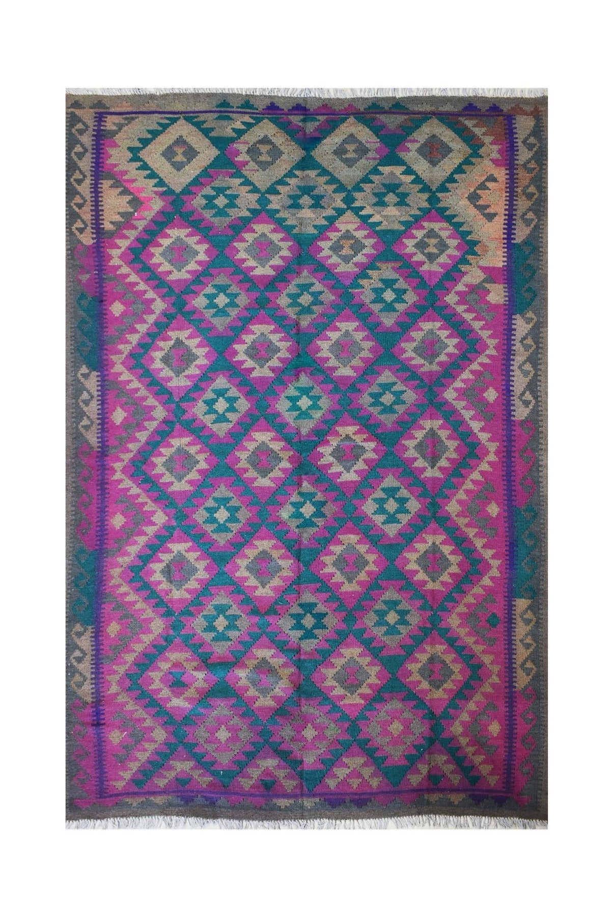 Handmade Afghan Maimana kilim rug featuring a geometric diamond pattern in magenta, teal, and grey.