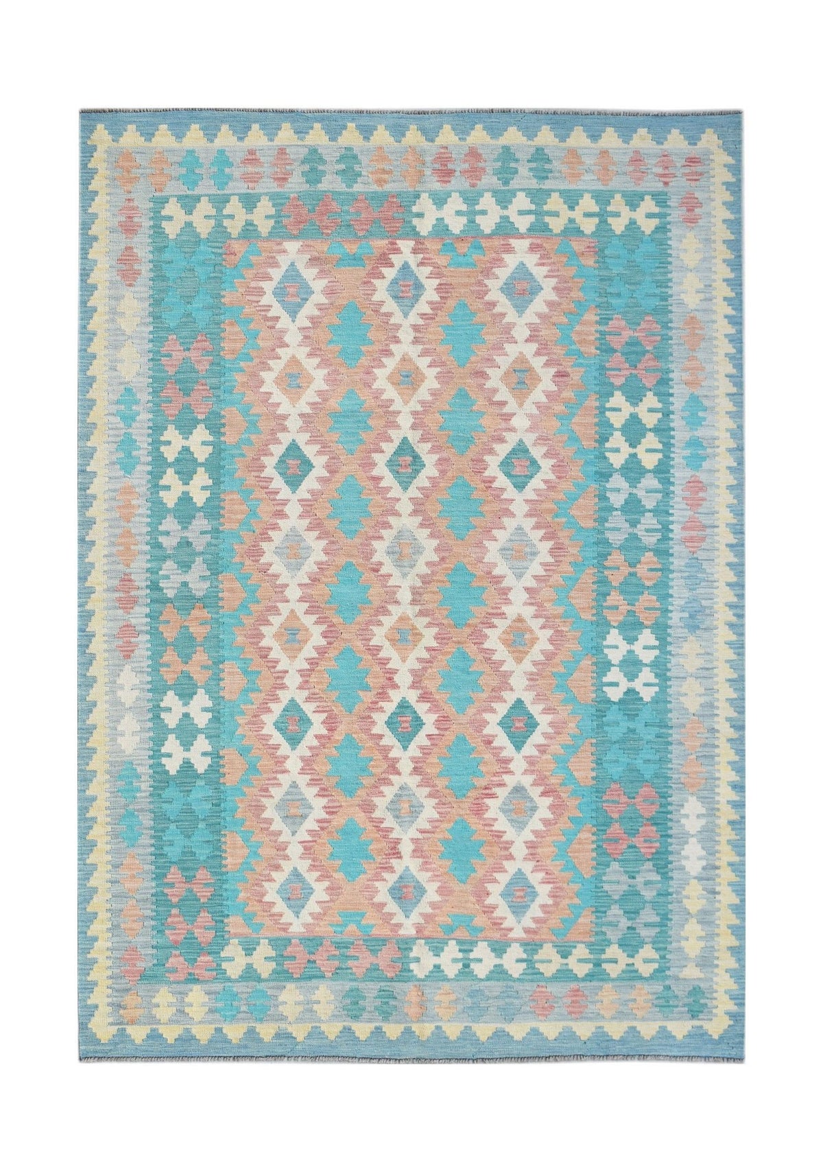 Handwoven Afghan Maimana kilim rug featuring a geometric diamond pattern in blue, pink, and cream.