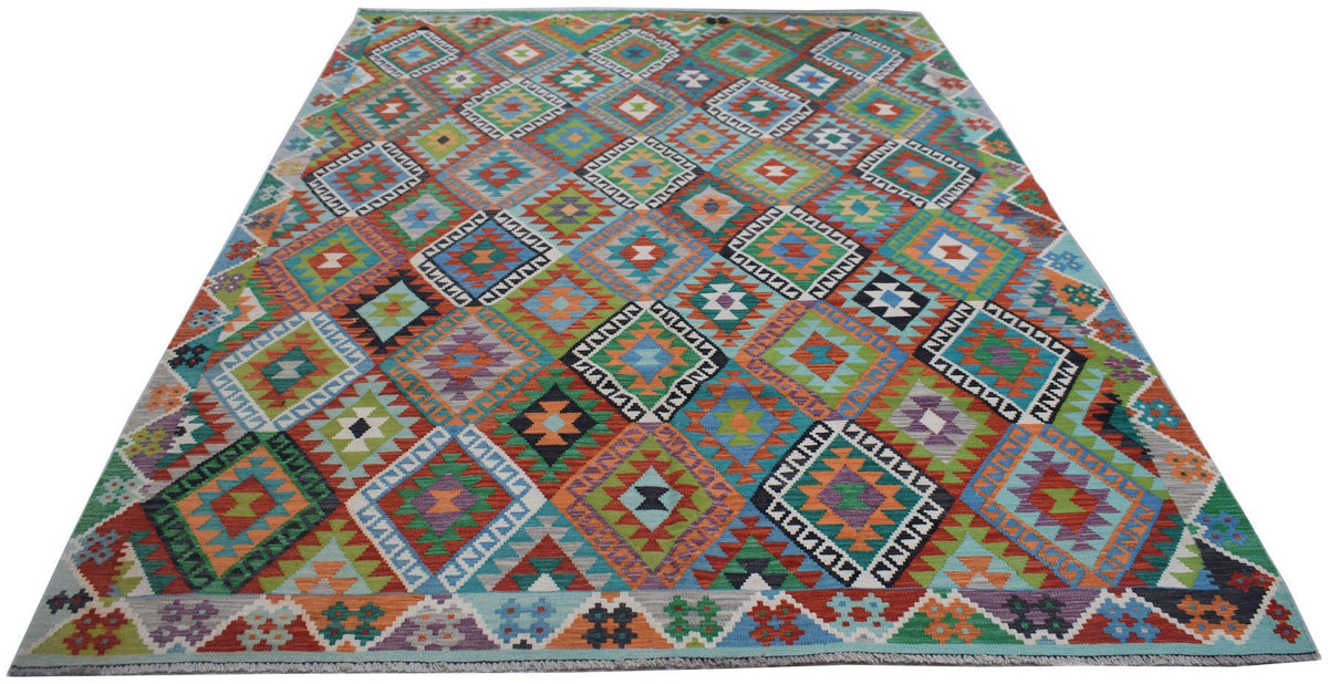 Handwoven Afghan Maimana kilim rug featuring a vibrant, multicolored geometric diamond pattern.