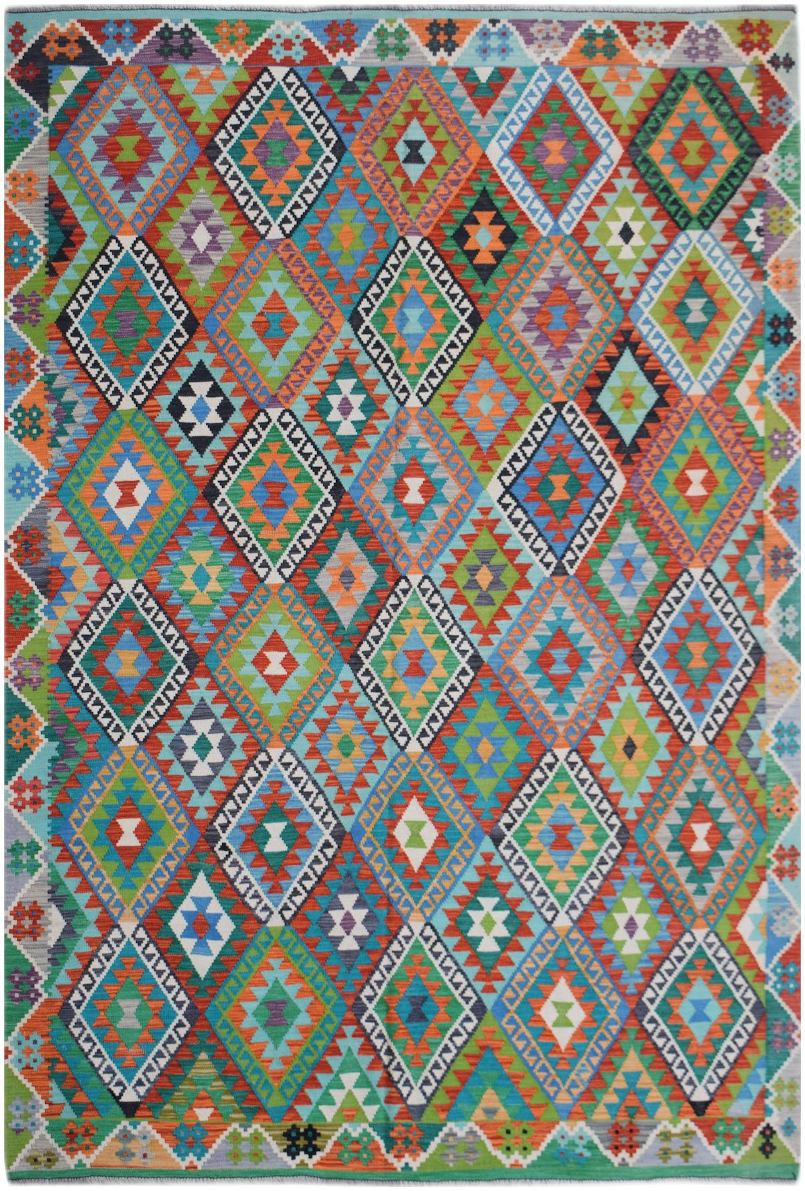 Handwoven Afghan Maimana kilim rug featuring a vibrant, multicolored geometric diamond pattern.
