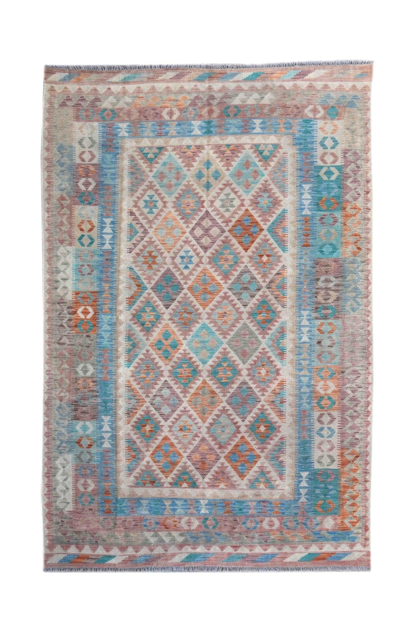 Handmade Afghan Maimana kilim rug featuring a colorful geometric diamond pattern.