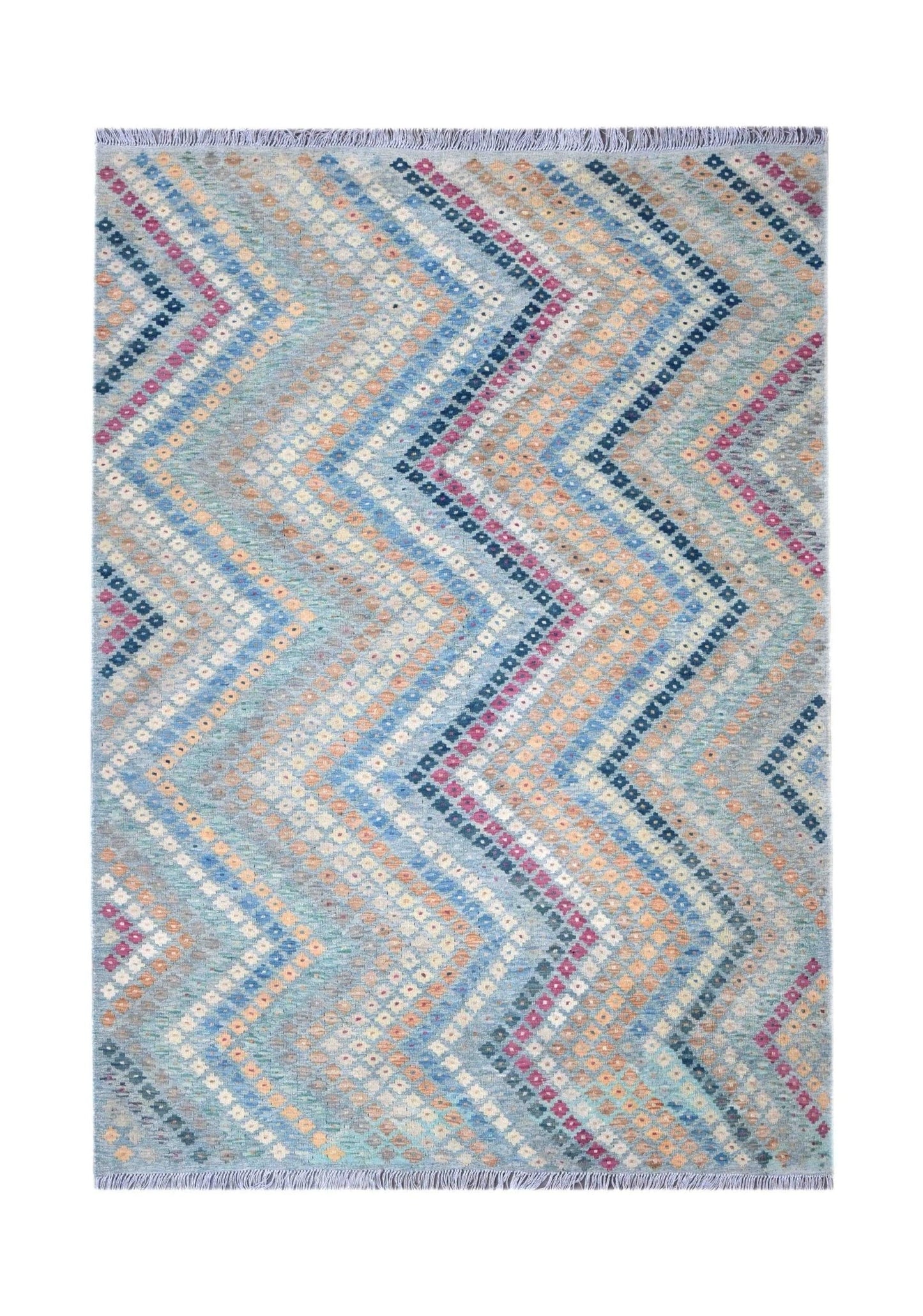 Handmade Afghan Maimana kilim rug featuring a colorful zigzag pattern on a light blue background.