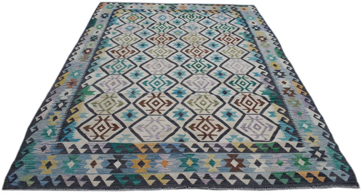 Handwoven Afghan Maimana kilim rug featuring a geometric diamond pattern in multicolored wool.