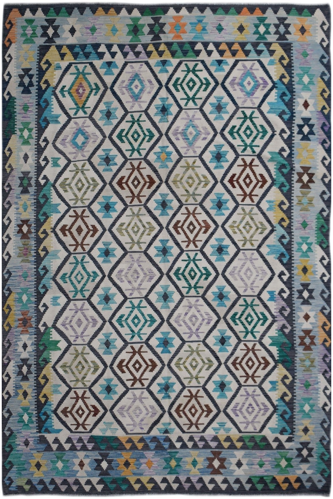 Handwoven Afghan Maimana kilim rug featuring a geometric diamond pattern in multicolored wool.