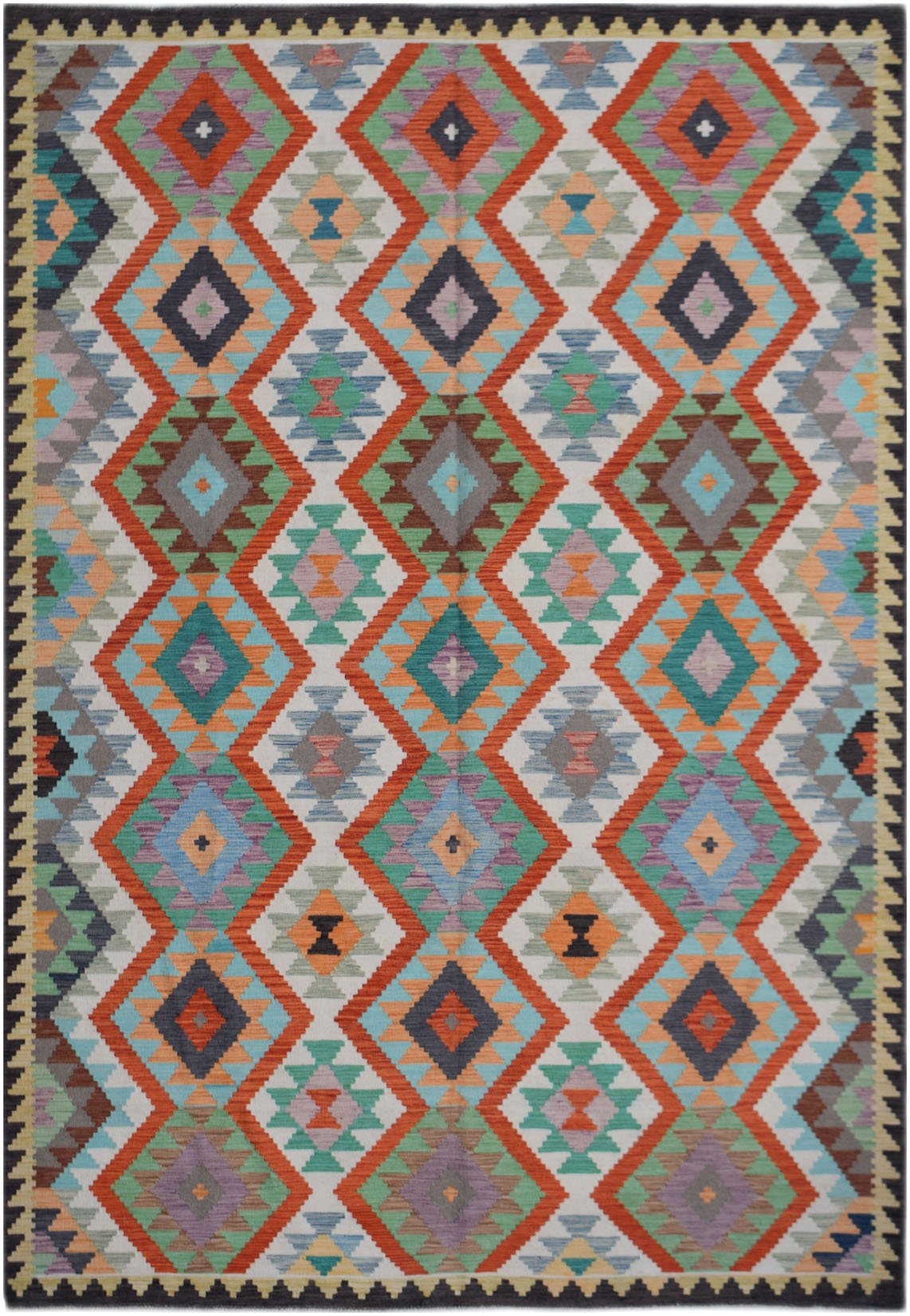 Handwoven Afghan Maimana kilim rug featuring a colorful geometric diamond pattern in wool.