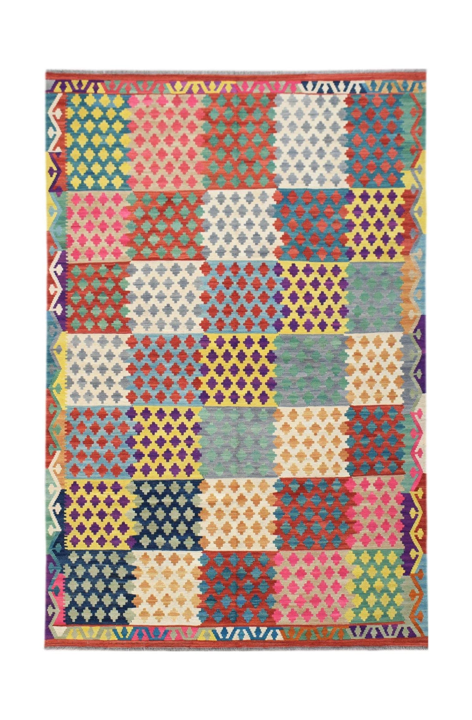 Handmade Afghan Maimana kilim rug featuring a colorful patchwork of geometric diamond patterns.
