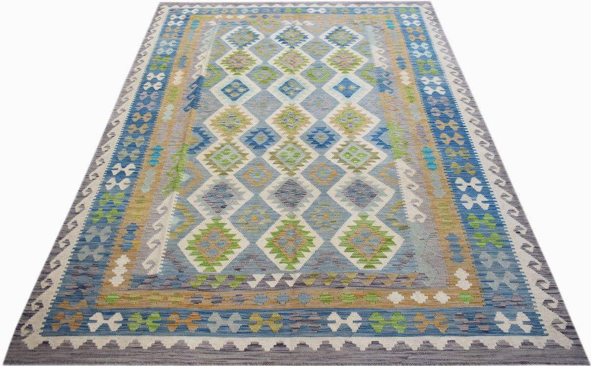 Handmade Afghan Maimana kilim rug featuring a blue and green geometric diamond pattern.