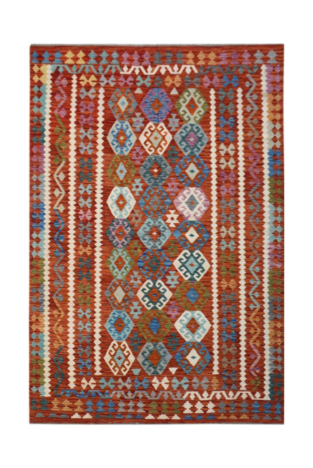 Handwoven Afghan Maimana kilim rug featuring a geometric diamond pattern in vibrant colors.