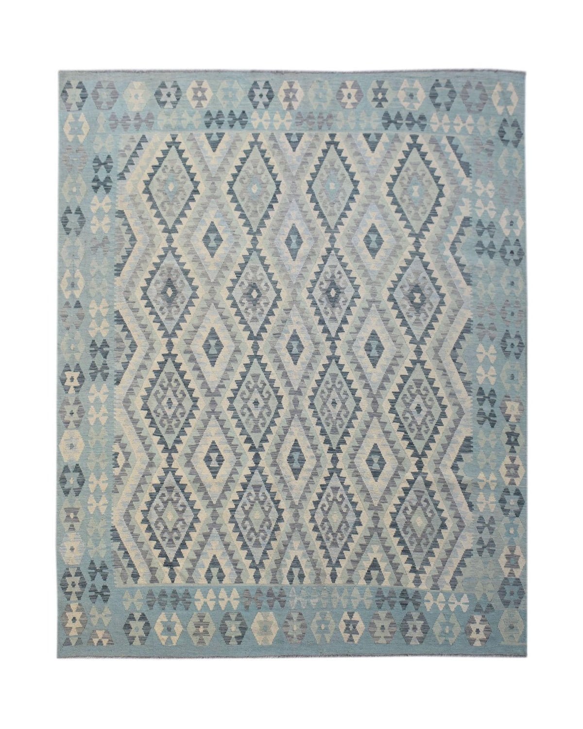 Handwoven Afghan Maimana kilim rug featuring a blue geometric diamond pattern in wool.