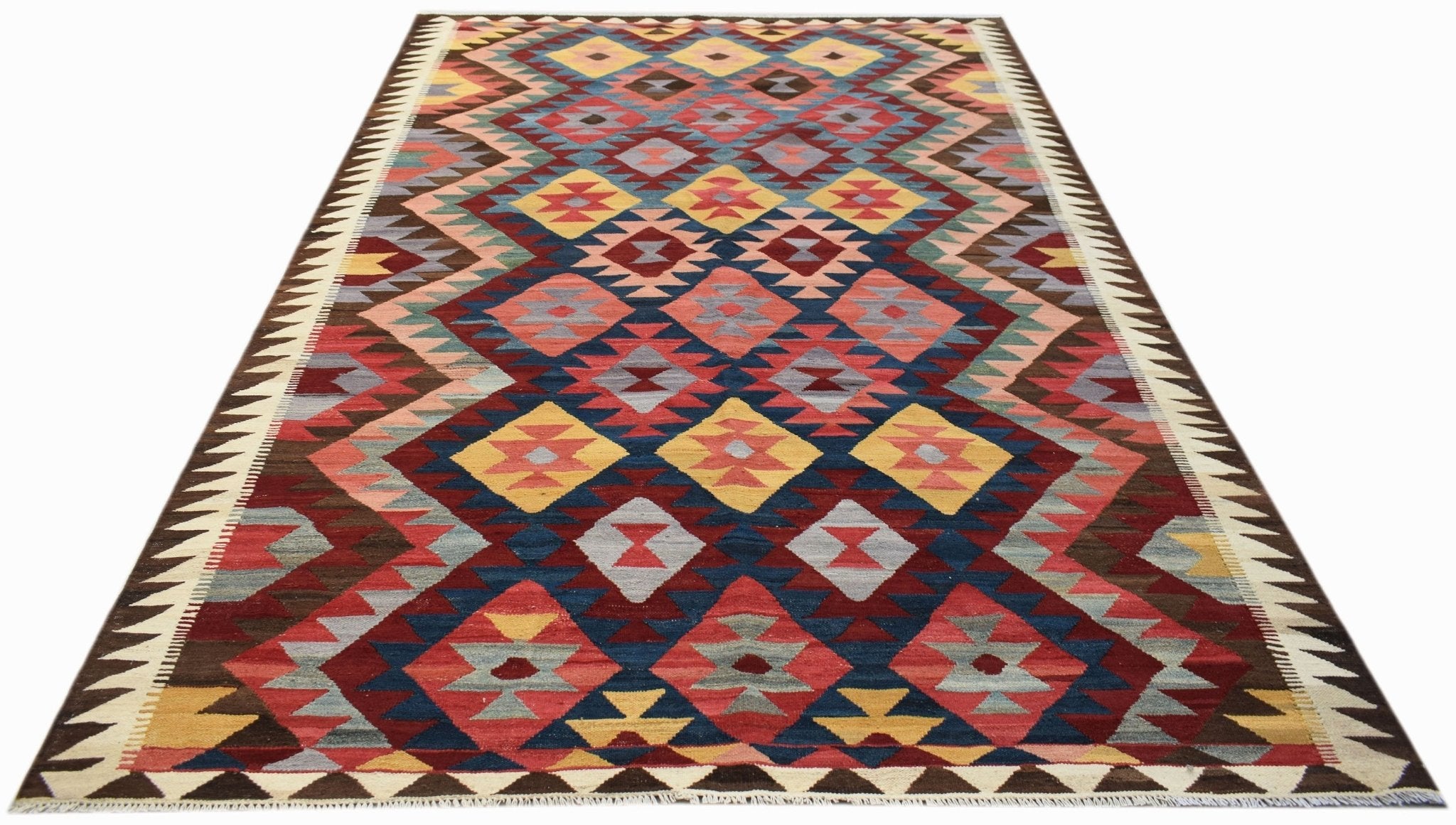 Handwoven Afghan Maimana kilim rug featuring a colorful geometric diamond pattern.