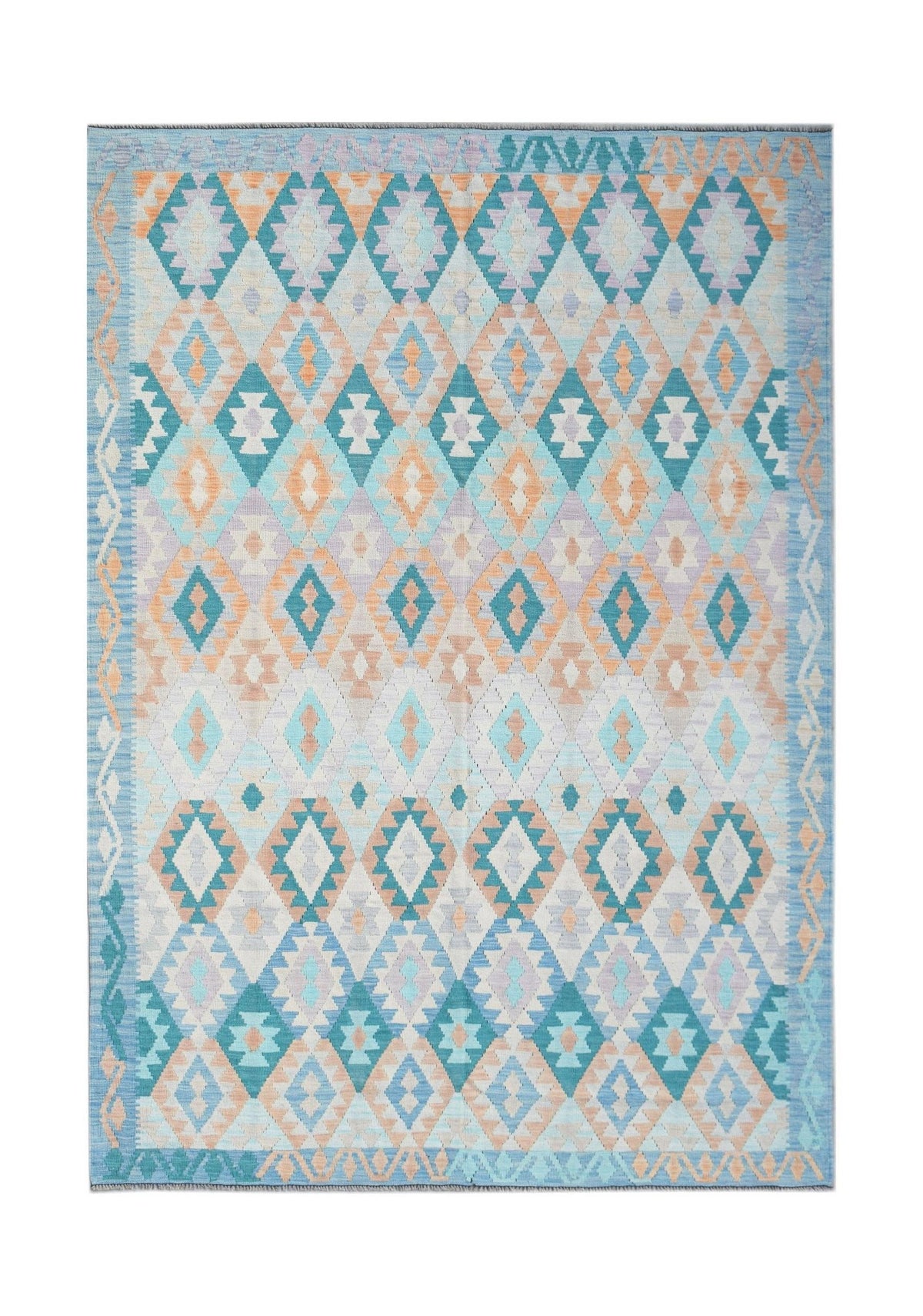 Handwoven Afghan Maimana kilim rug featuring a geometric diamond pattern in blue and peach tones.