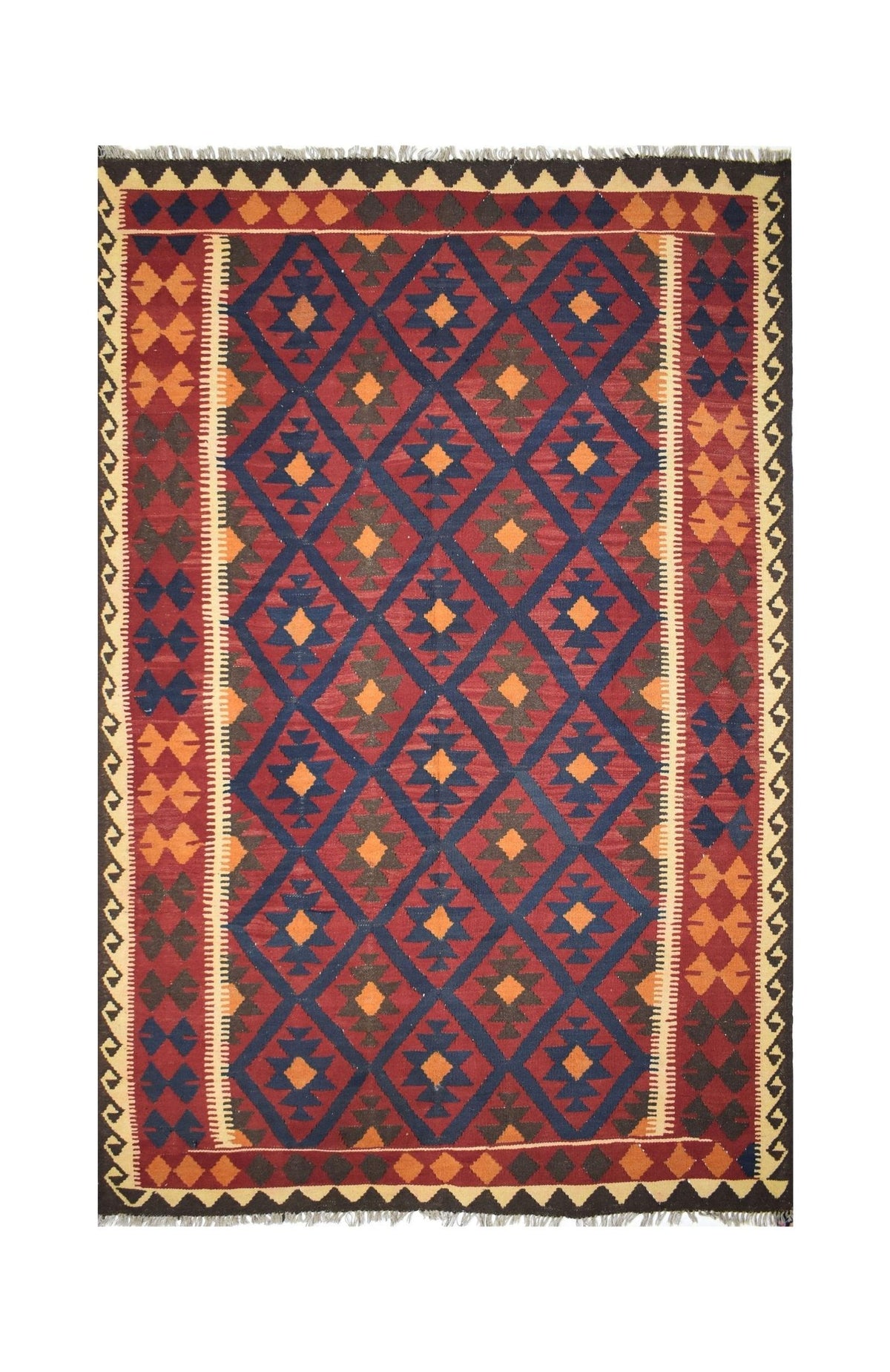 Handmade Afghan Maimana kilim rug featuring a geometric diamond pattern in red, blue, and orange.