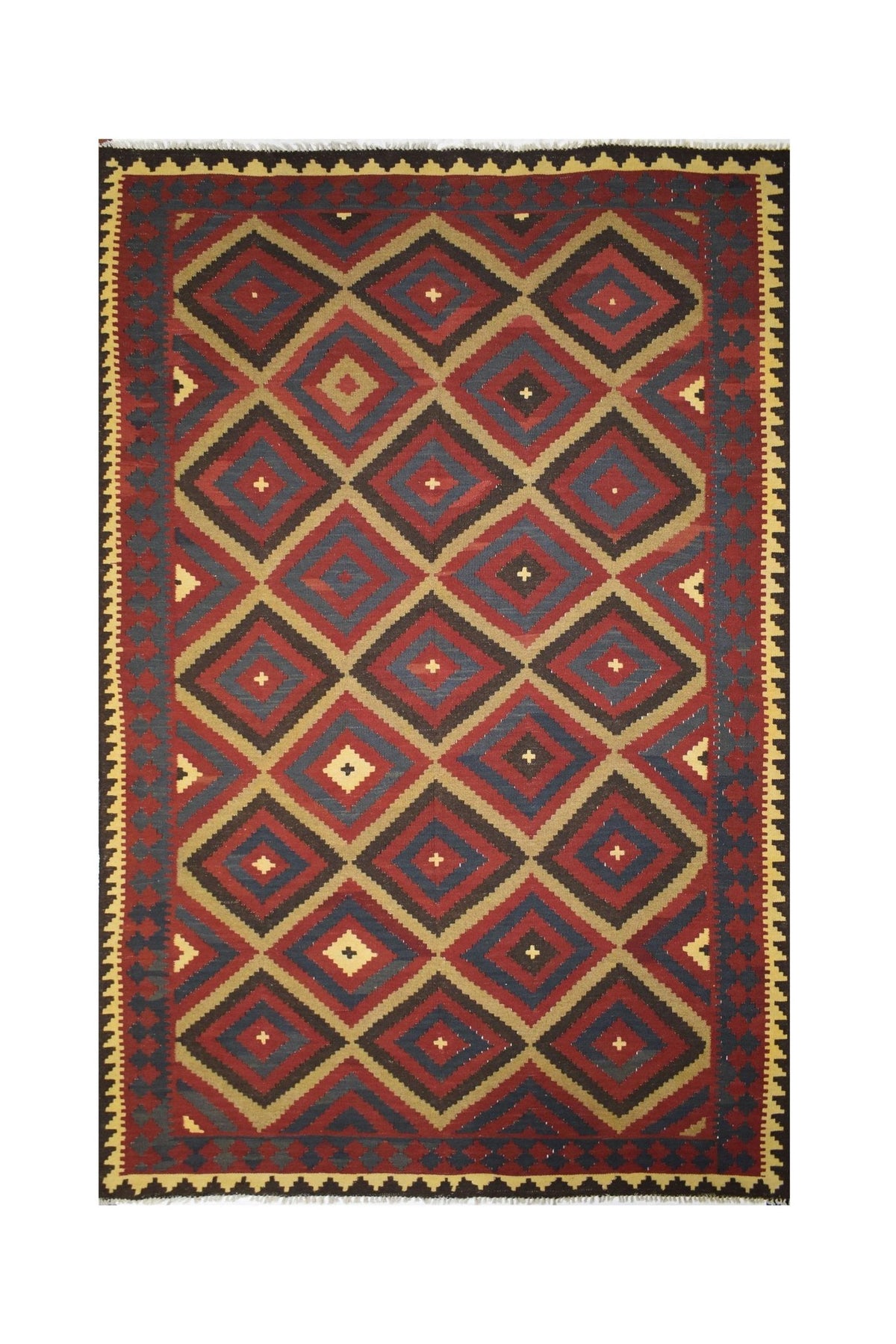 Handmade Afghan Maimana kilim rug featuring a geometric diamond pattern in red, blue, and tan.