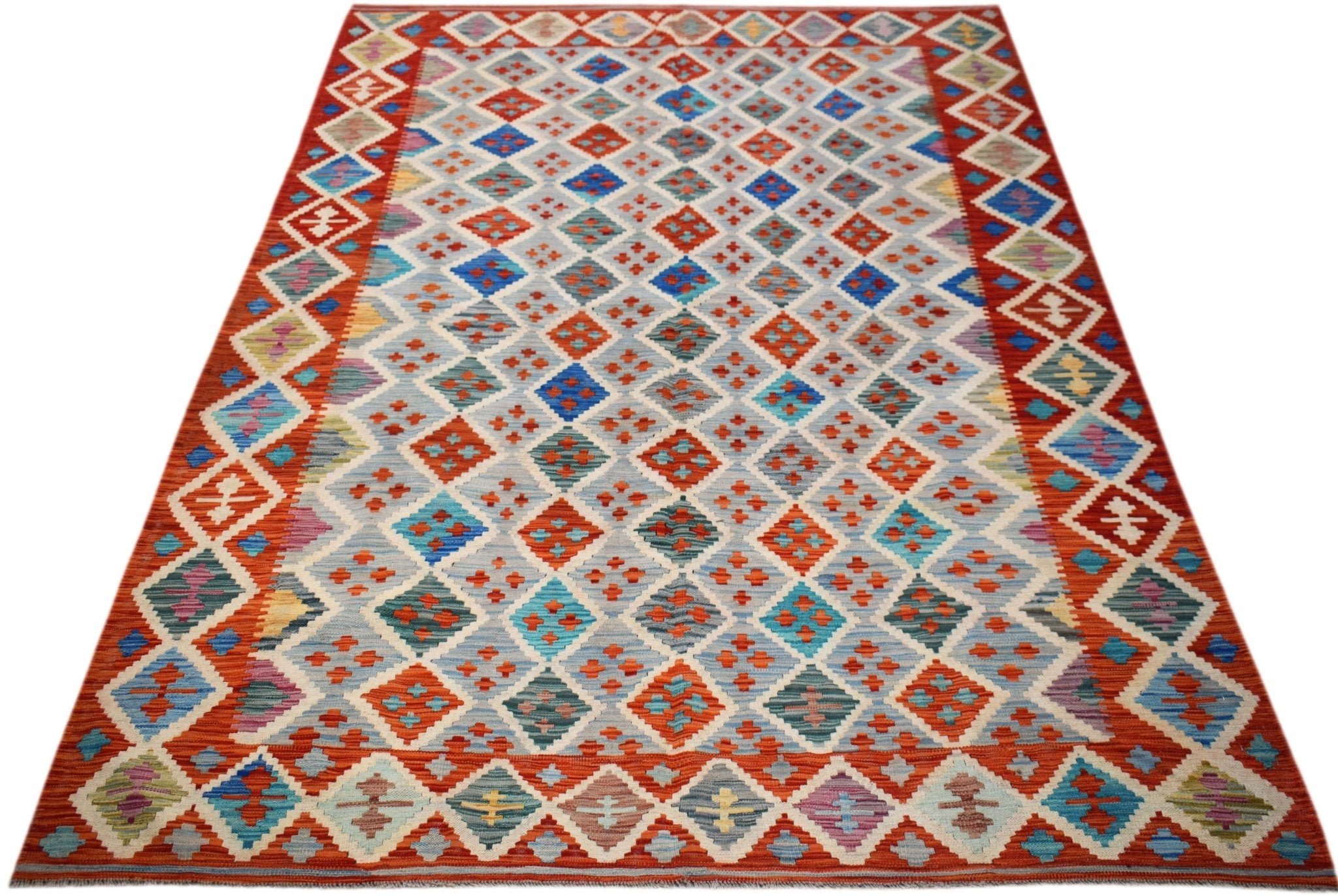 Handwoven Afghan Maimana kilim rug featuring a geometric diamond pattern in vibrant colors.