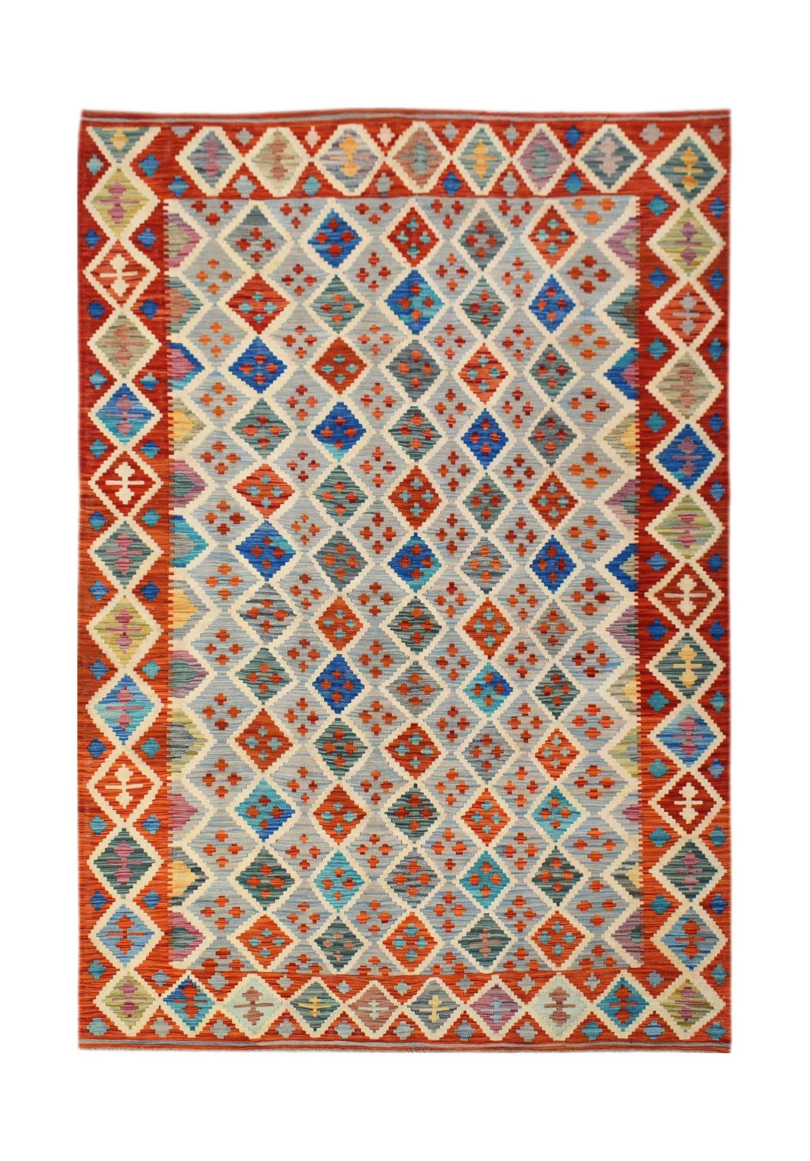 Handwoven Afghan Maimana kilim rug featuring a geometric diamond pattern in vibrant colors.