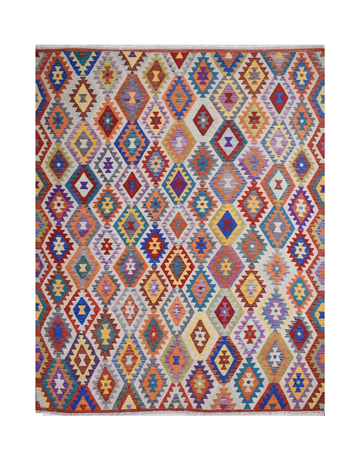 Handmade Afghan Maimana kilim rug featuring a vibrant, multi-colored geometric diamond pattern.