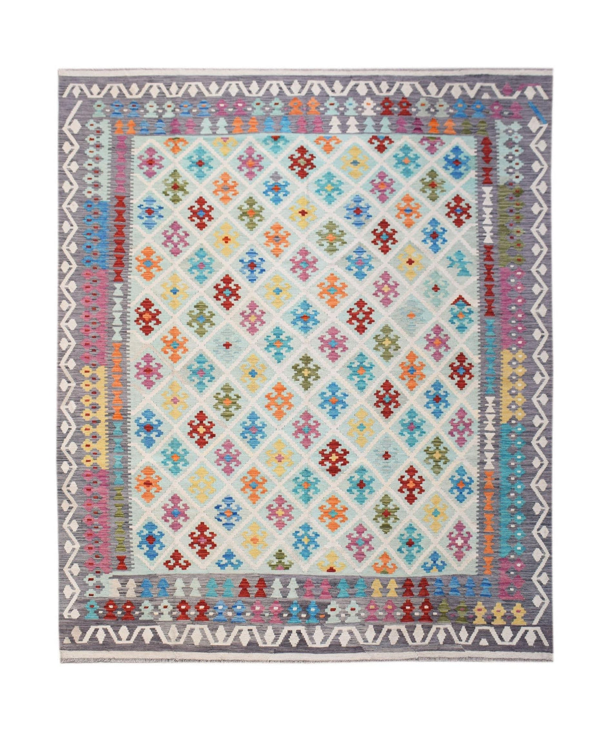 Handmade Afghan Maimana kilim rug featuring a colorful geometric diamond pattern on a light base.