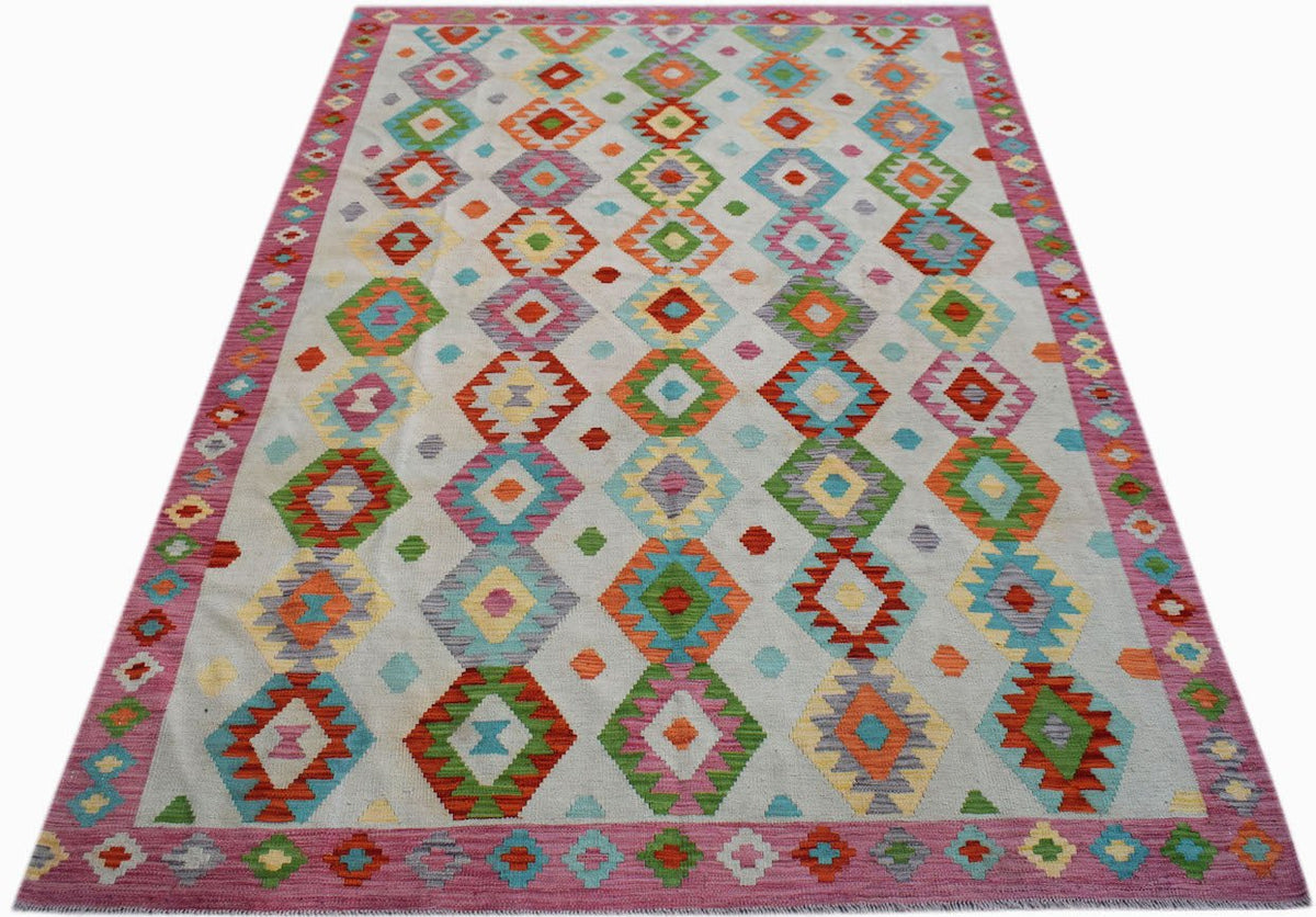 Handmade Afghan Maimana Kilim rug featuring a colorful geometric diamond pattern on a light base.