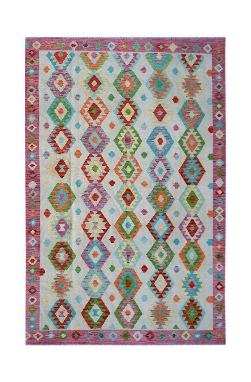 Handwoven Afghan Maimana kilim rug featuring a colorful geometric diamond pattern on a light base.