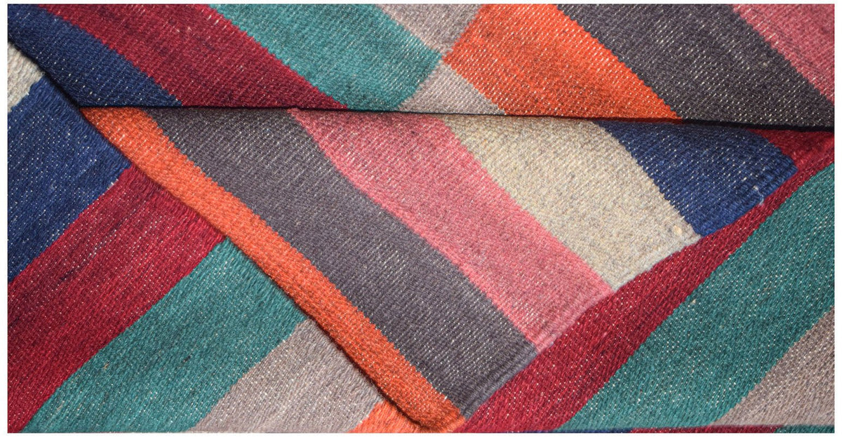 Afghan Maimana Kilim with diagonal stripes in red, blue, orange, and teal.