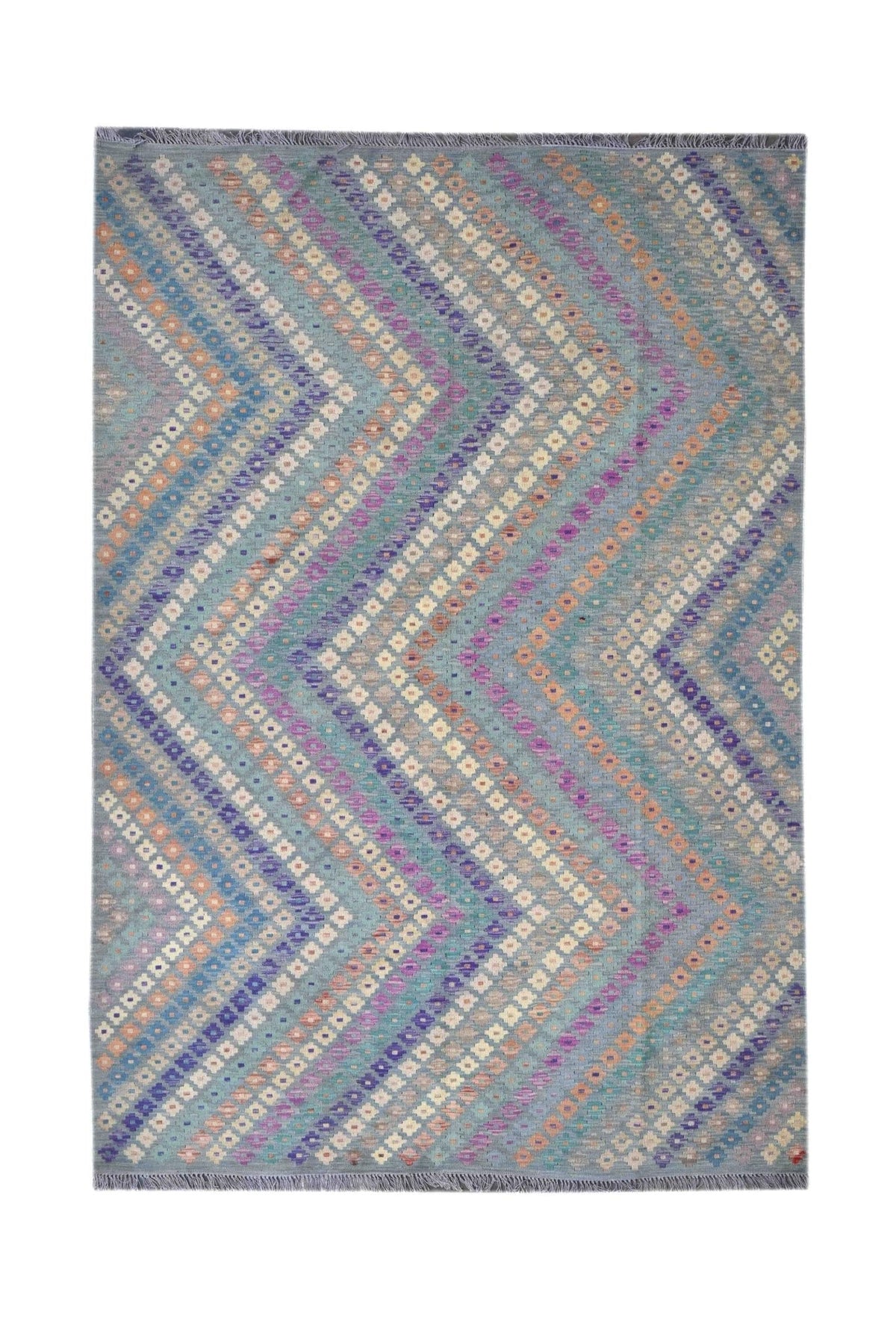 Handmade Afghan Maimana kilim rug featuring a blue chevron pattern with colorful floral motifs.