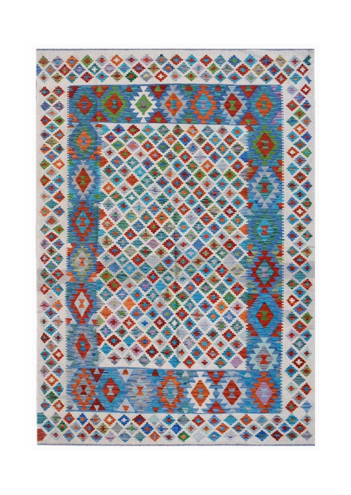 Handwoven Afghan Maimana kilim rug featuring a colorful geometric diamond pattern.