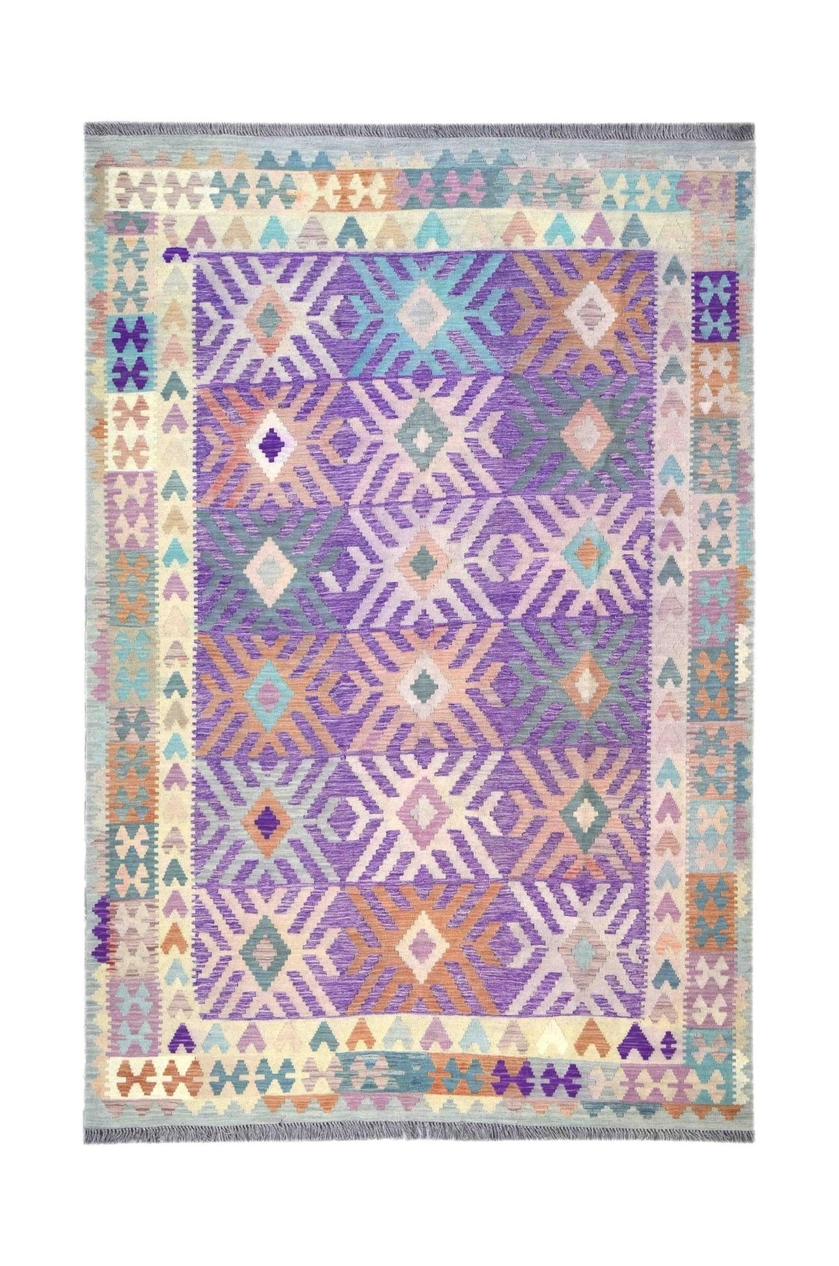 Handmade Afghan Maimana kilim rug featuring a vibrant geometric pattern in purple and multi-colors.