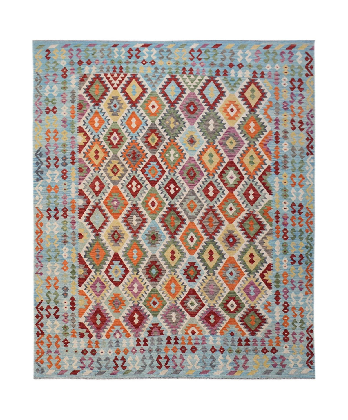 Handwoven Afghan Maimana kilim rug featuring a colorful geometric diamond pattern on a blue field.