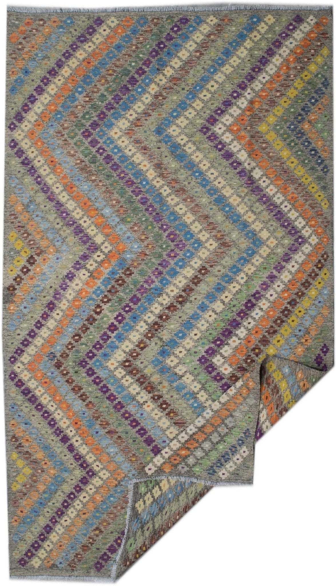 Handmade Afghan Maimana kilim rug featuring a colorful geometric chevron pattern on a grey field.